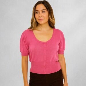 Belle Poque Pink Button Front Knit Top Size L Puff Sleeve Retro Cardigan Sweater